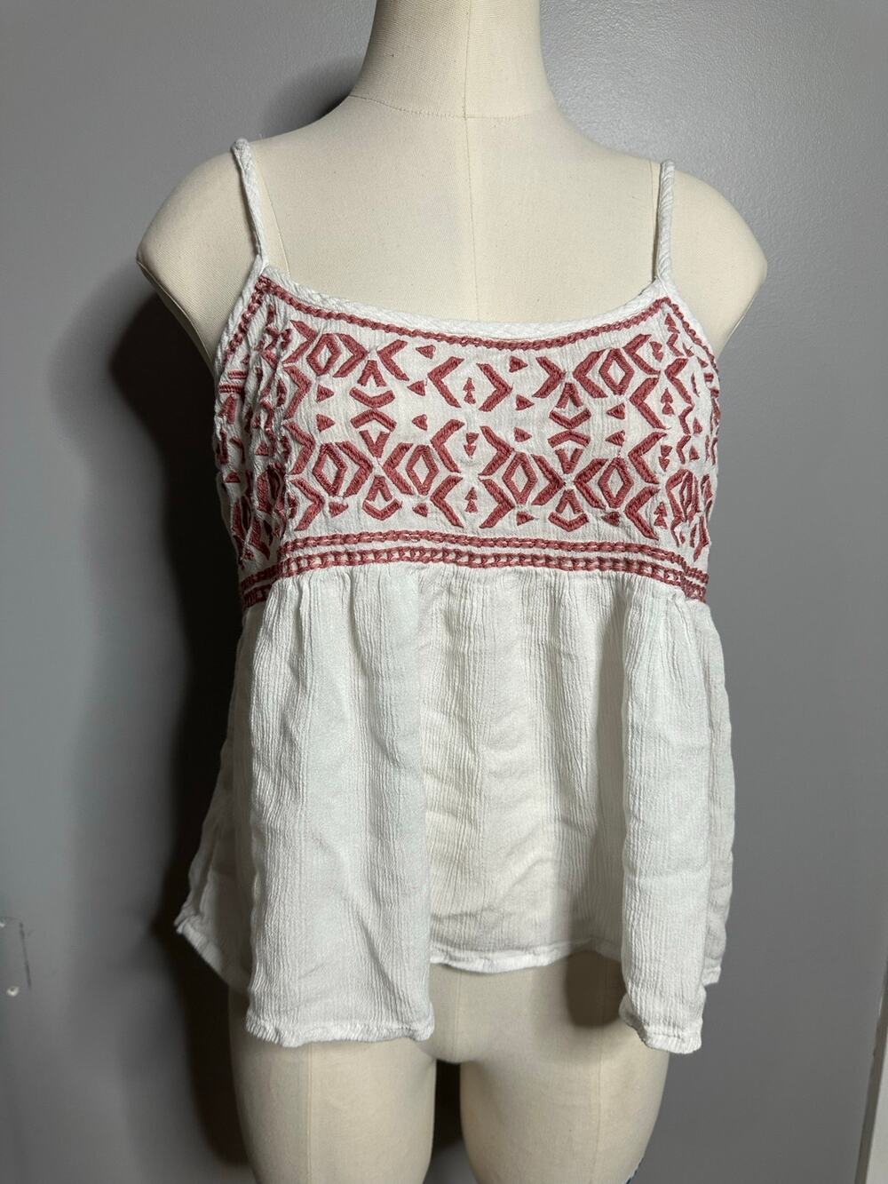 Sim & Sam Geometric Embroidered Boho Cami Tank Top White Red Size Large